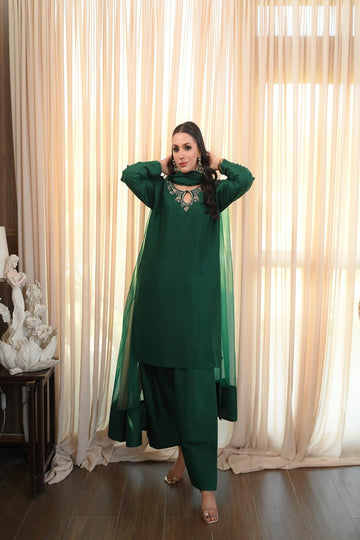 AMINAH BADAR | BOTTLE GREEN PURE RAW SILK OUTFIT