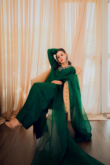 AMINAH BADAR | BOTTLE GREEN PURE RAW SILK OUTFIT
