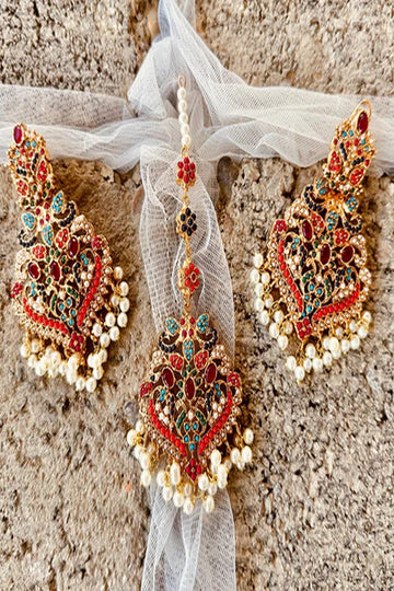 KOH-E-GEM | JEWELLERY | SATRANGI SHINGAR EARRINGS & TIKKA